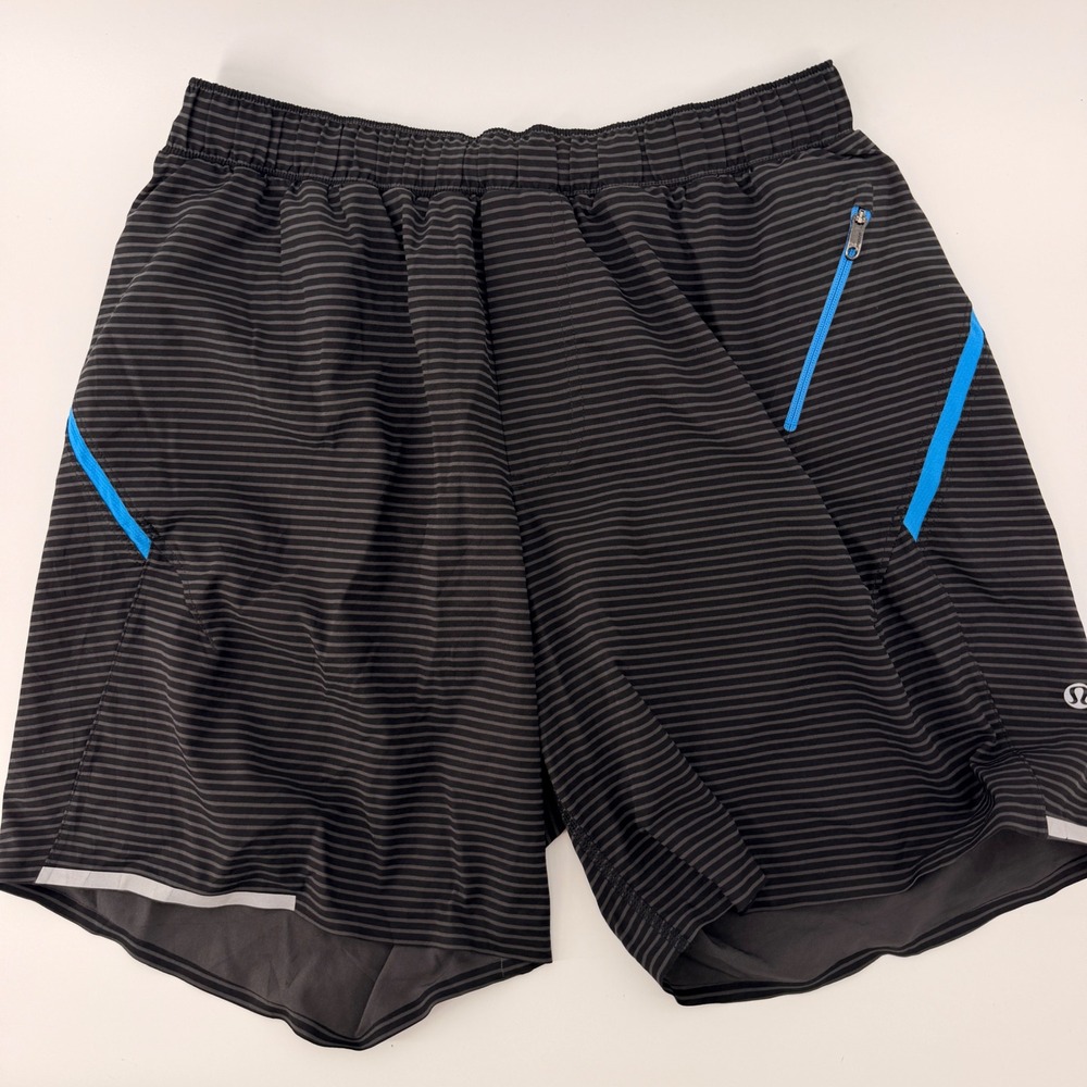 Lululemon Seawheeze Surge Lined Shorts Men S Black Grey Stripe Zipper Pockets 7"